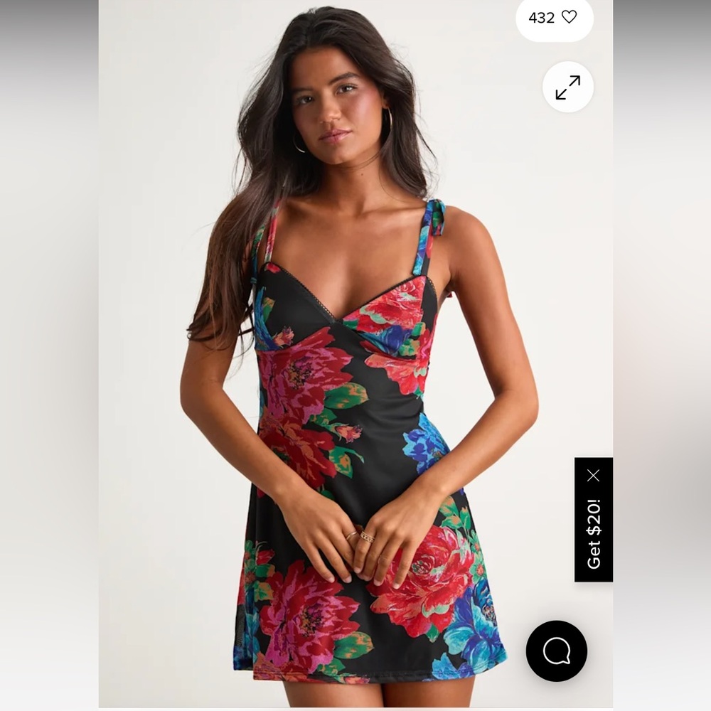 New With Tags Lulu’s Aldara Black Floral Mesh Tie-Strap Mini Dress Small